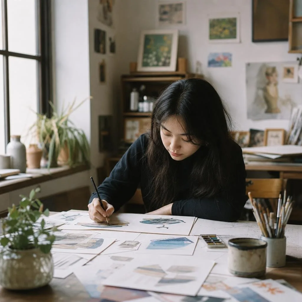 Illustrator drawing thoughtfully at a bright, paper-covered desk