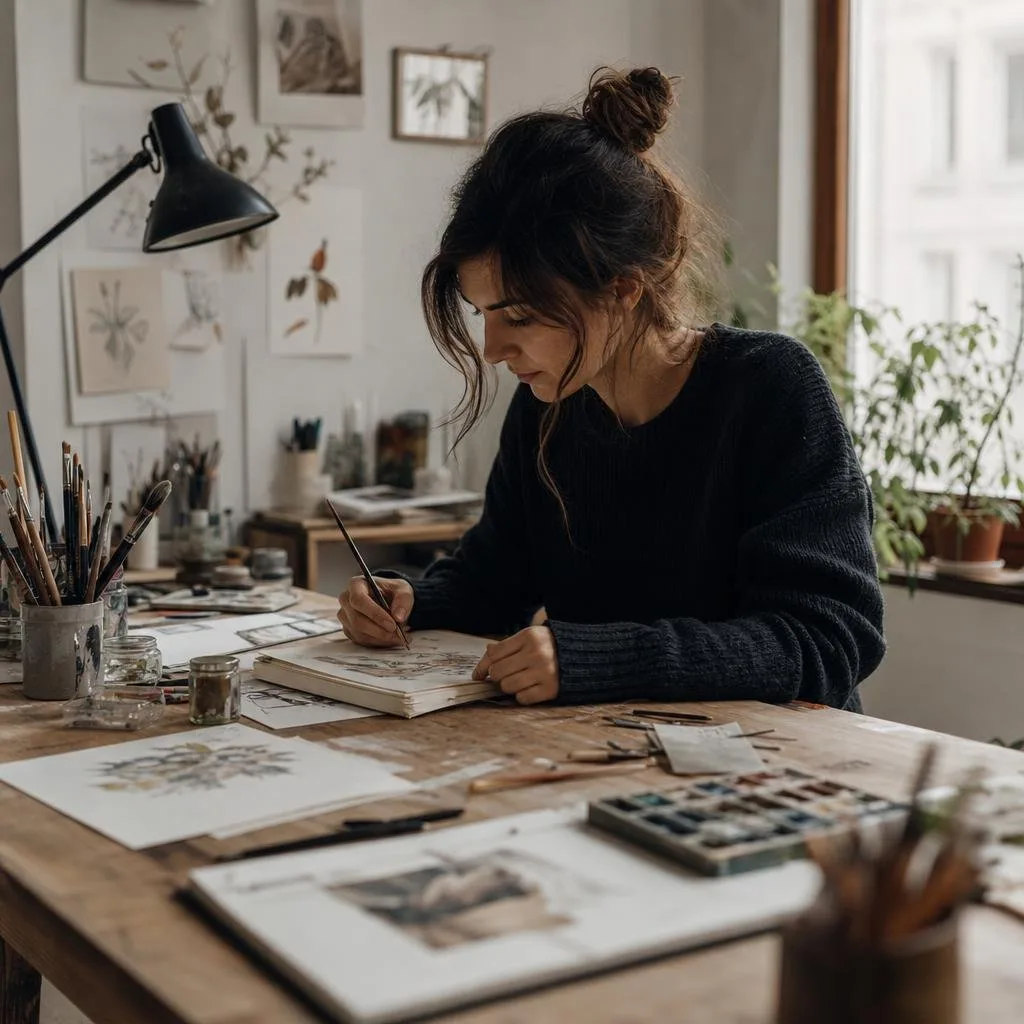 Illustrator and client reviewing sketches together at a table