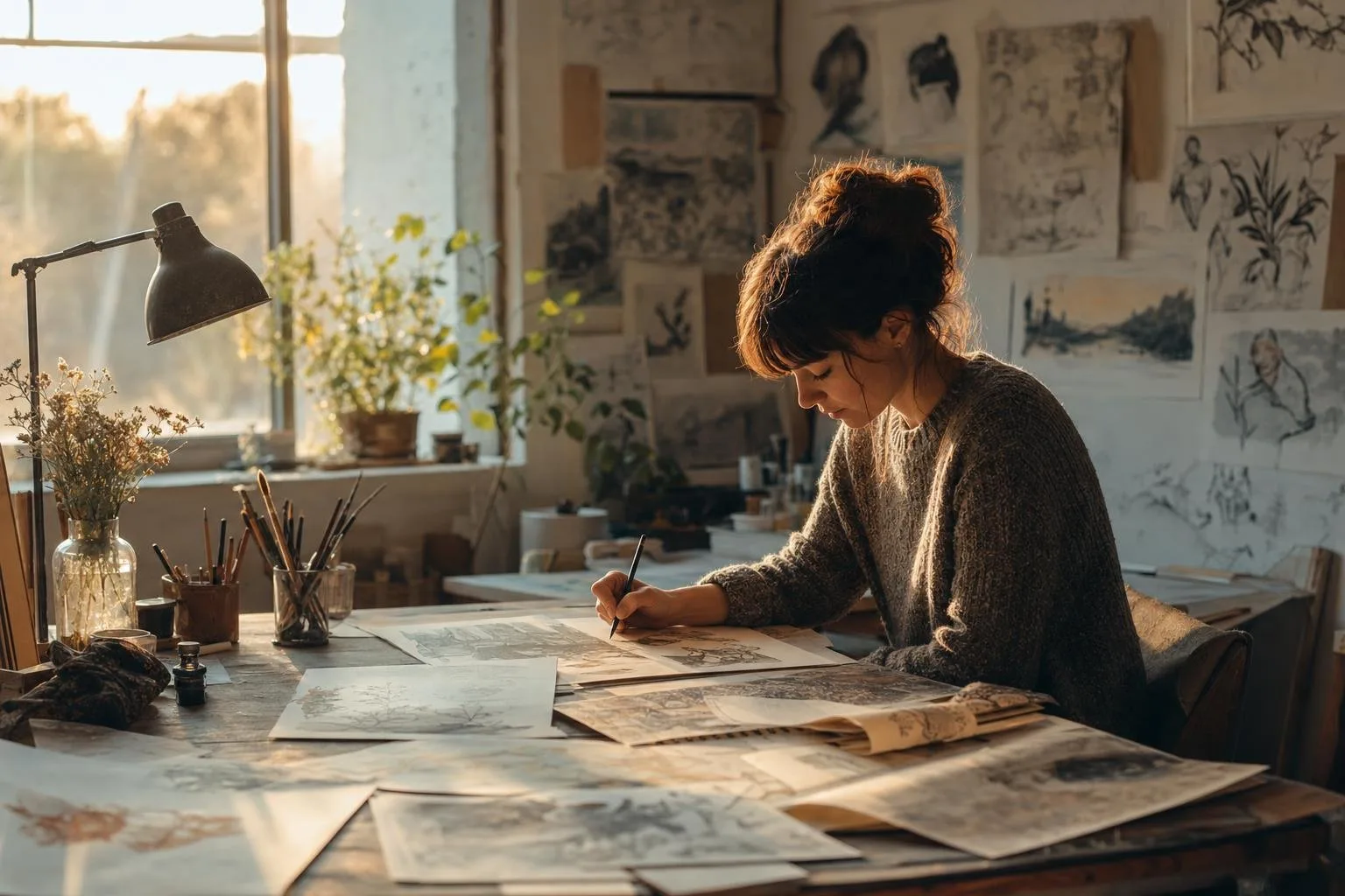 Illustrator's desk washed in pastel watercolor light — inks, brushes, and a tablet