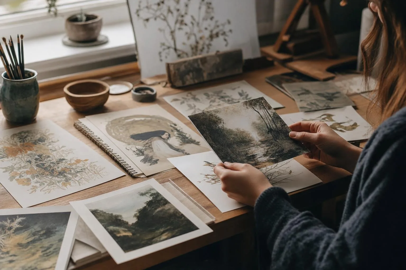 Wall covered with printed illustrations and pinned sketches